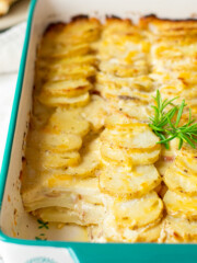 side of potato gratin dish.