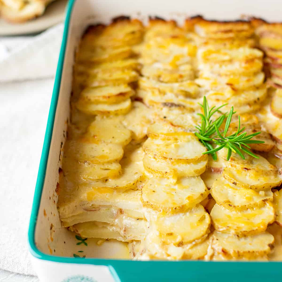 side of potato gratin dish.