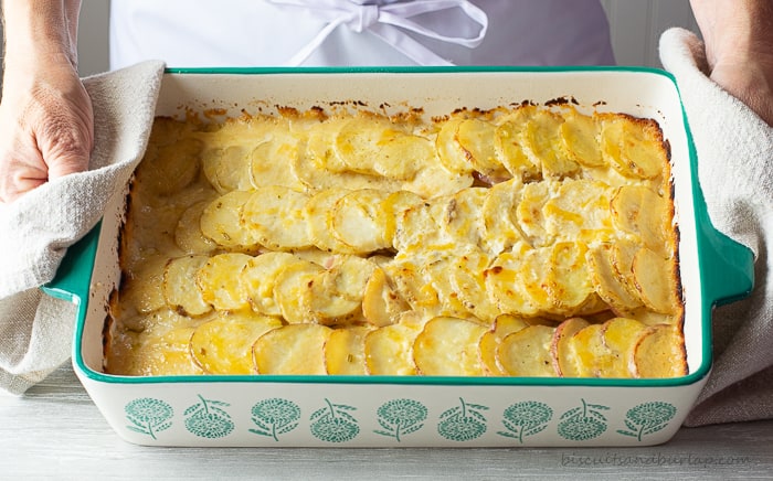 rectangular casserole dish of potatoe gratin being held with cloth covered hands