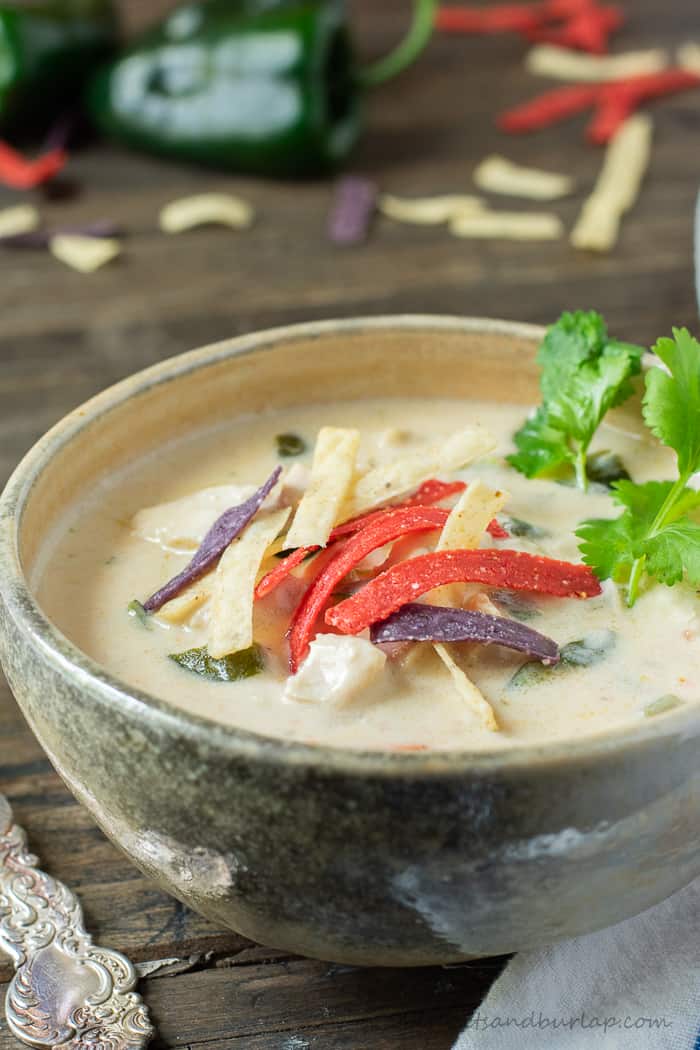 cheesy poblano pepper soup with cilantro & tortilla strips on top