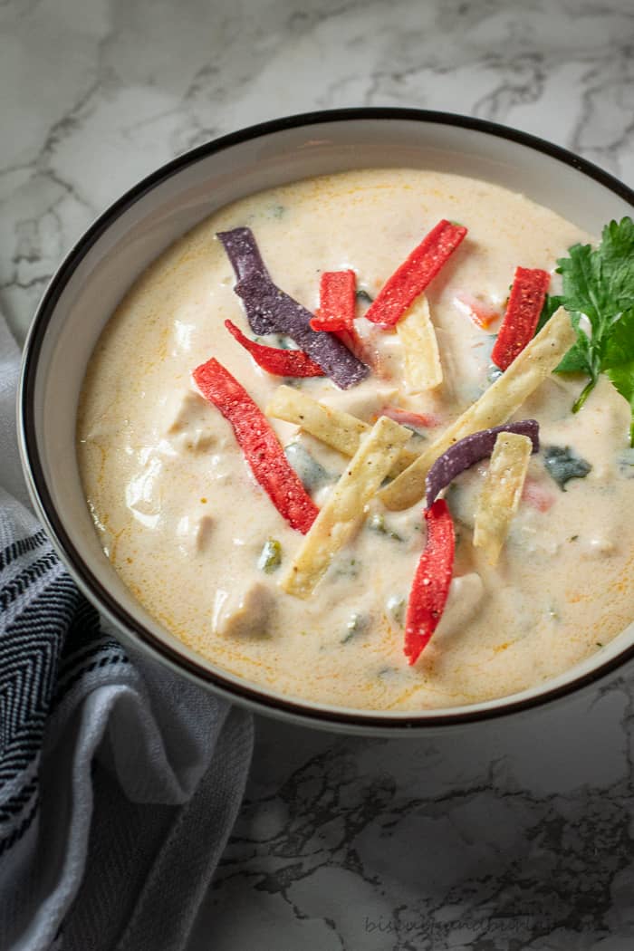 vertical shot of poblano pepper soup with tortilla strips