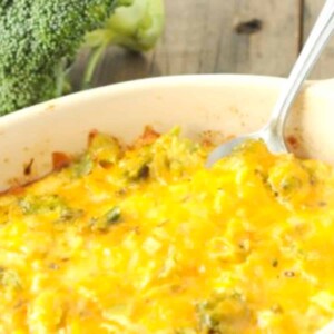 keto broccoli casserole with spoon.