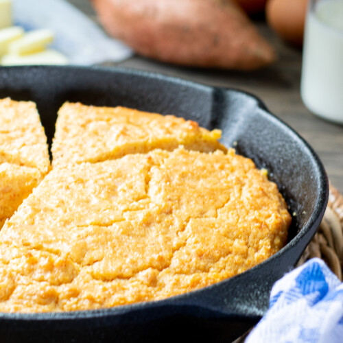 sweet potato cornbread in iron skillet.