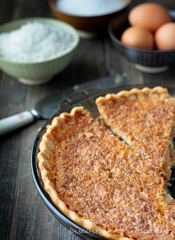 coconut pie with one slice out