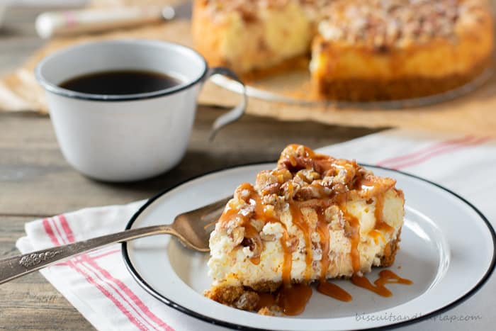 slice of apple cheesecake with coffee