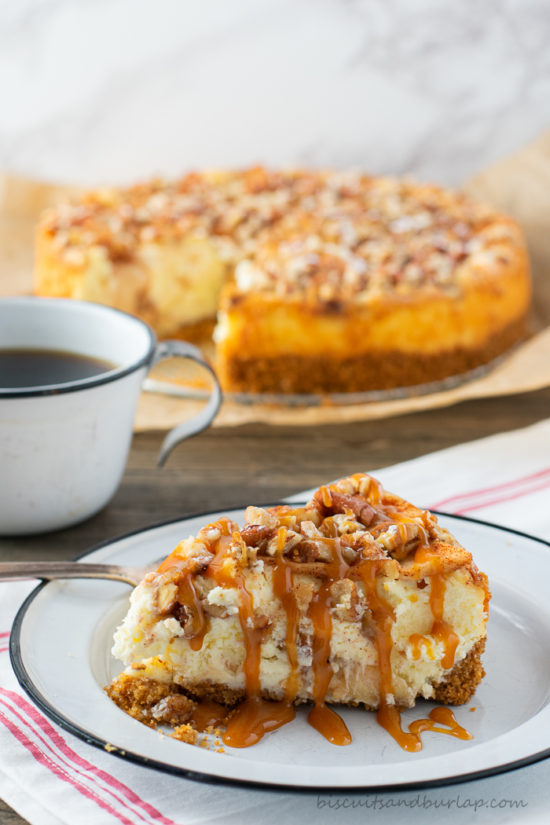 slice of apple cheesecake with caramel drizzed