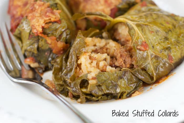 baked stuffed collard greens with fork