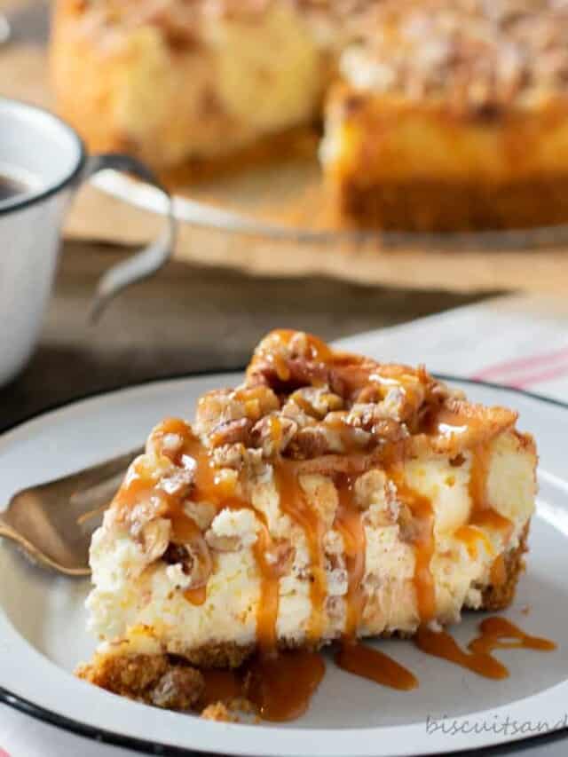 slice of apple cheesecake with coffee