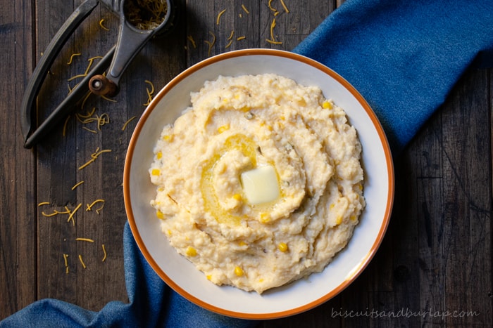 overhead shot of grits with corn