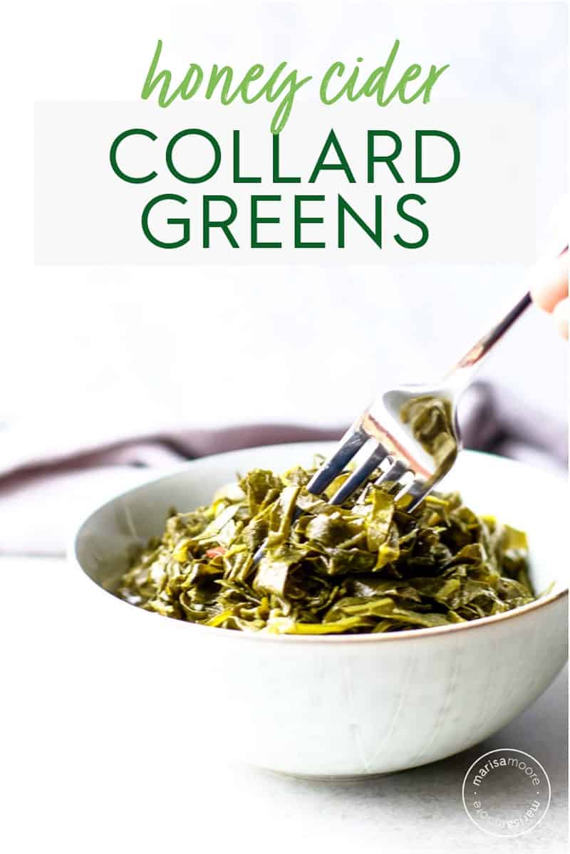 honey cider collard greens in bowl with fork