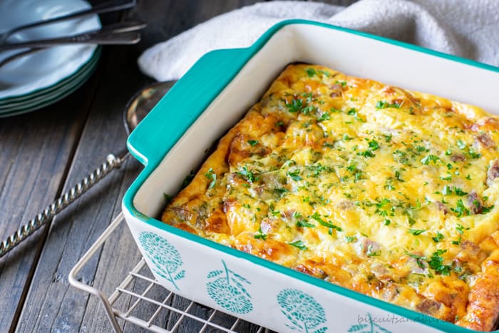 horizontal shot of breakfast casserole on rack