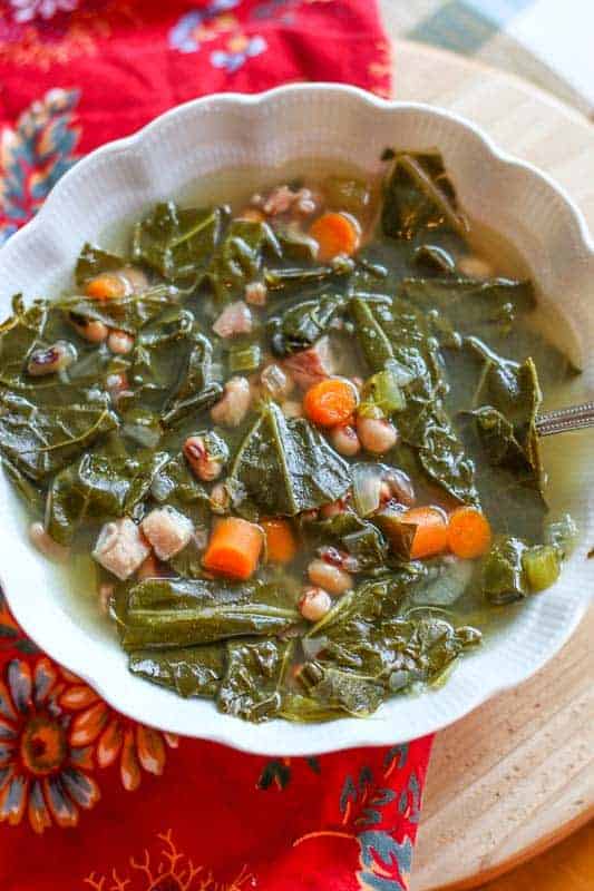 blackeyed pea & collard green soup in bowl