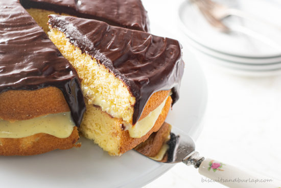 boston cream pie slice on spatula