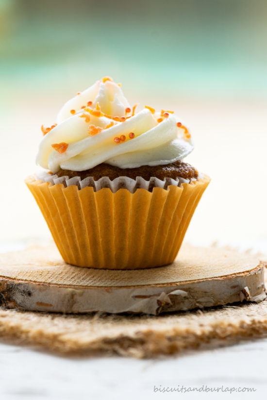 one mini carrot cupcake on coaster