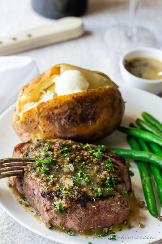 butter sauce for filet mignon over steak with potato