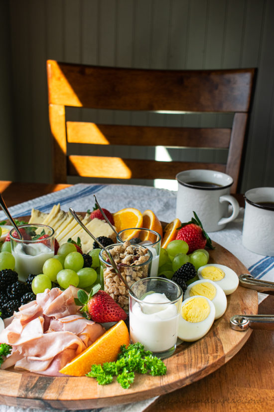 breakfast  foods on serving board