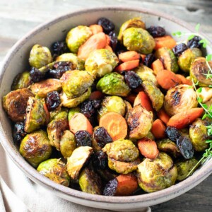 brussel sprouts and other roasted vegetables in bowl.