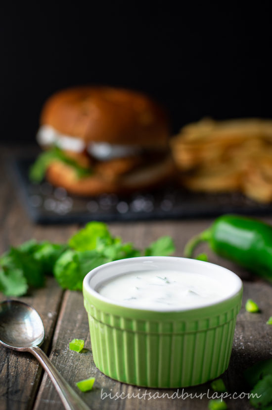 sauce in green bowl with sandwich in back