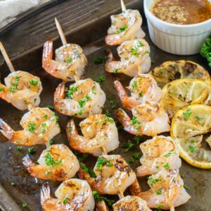 vertical shot of grilled shrimp skewers