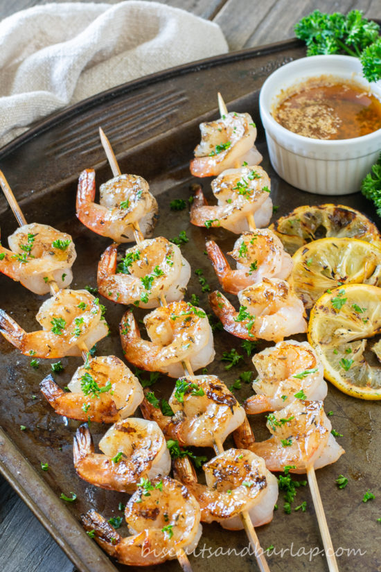 vertical shot of grilled shrimp skewers