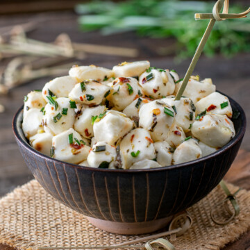 bowl of marinated mozzarella balls.