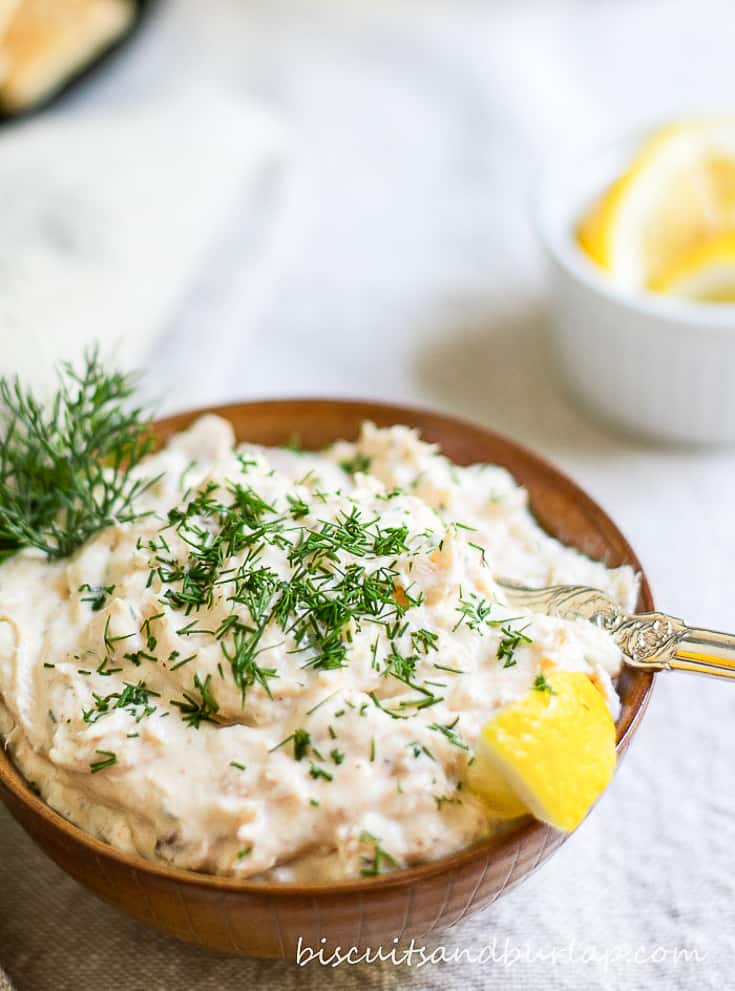 bowl of smoked fish dip with lemon