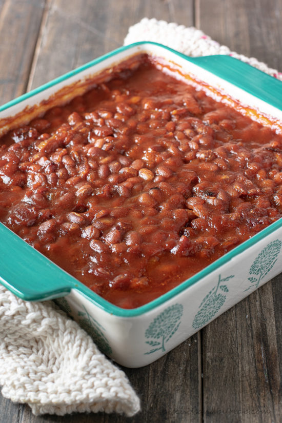 baked beans in casserole dish