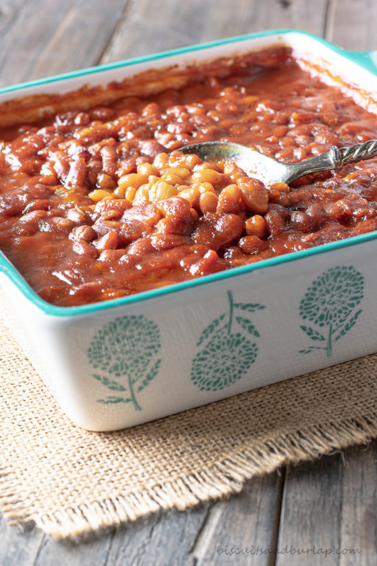 spoon in dish of beans