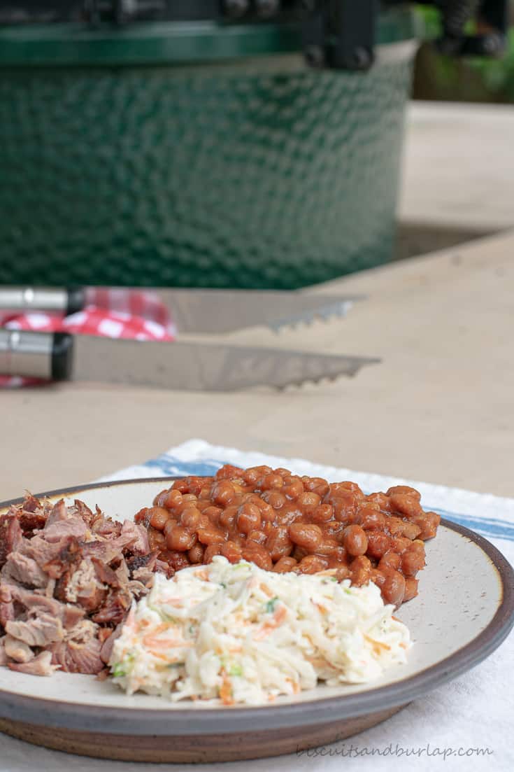 plate with bbq, slaw & baked beans