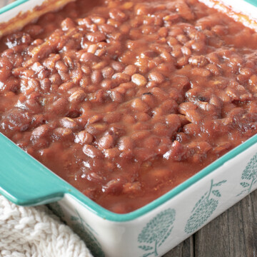 baked beans in dish. b