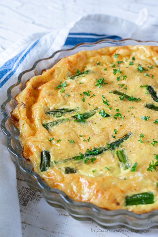 cajun chicken and asparagus quiche in dish