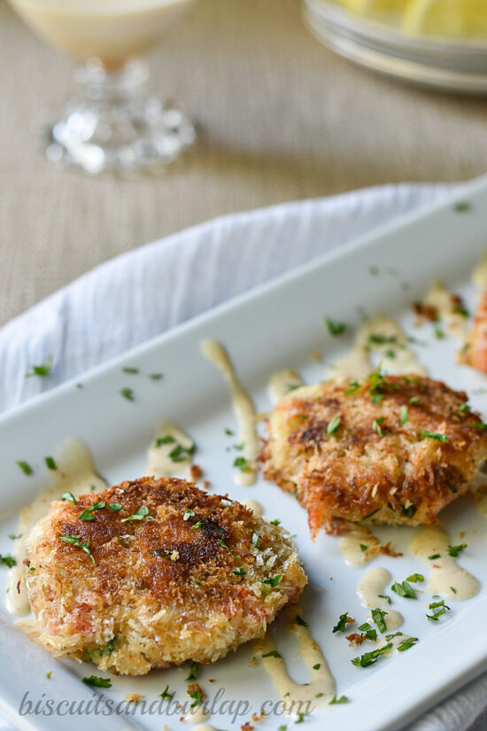 snow crab cakes on platter