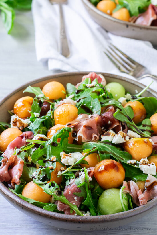 melon and prosciutto salad with balsamic drizzle