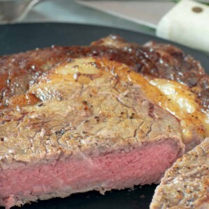 close up of cut steak.