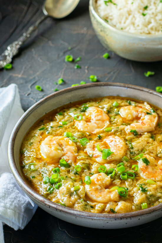 easy shrimp etouffee in bowl with rice