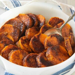 gullah sweet potatoes in white dish.