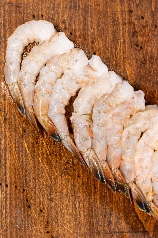 raw shrimp in a line