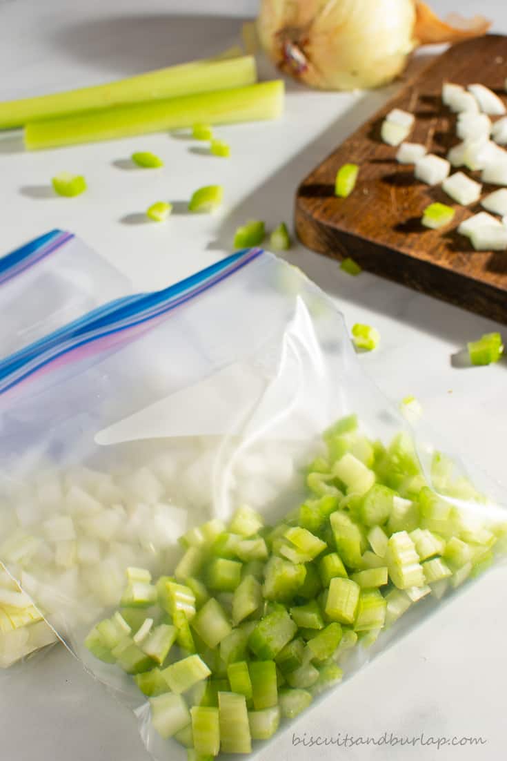Diced celery and onions in Ziploc bags. 