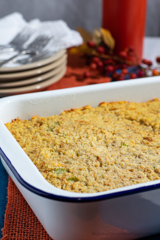 cornbread dressing in pan