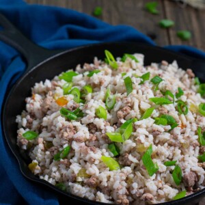 dirty rice in cast iron skillet.