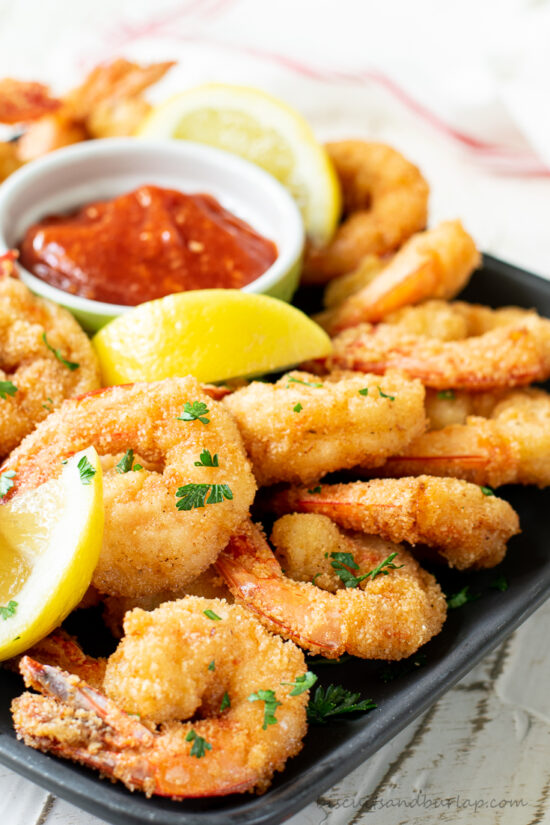 easy fried shrimp on plate with lemon