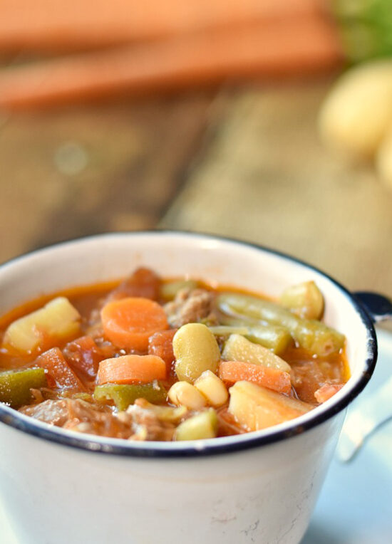 vegetable soup in white cup