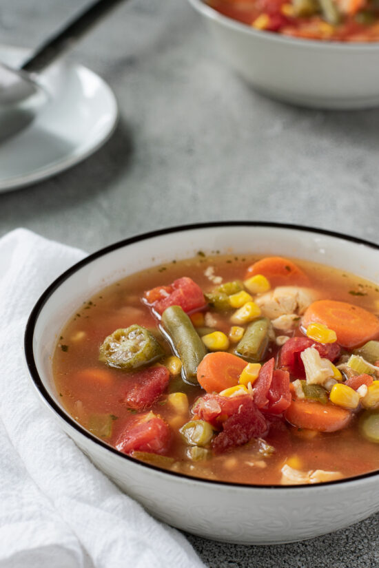 bowl of chicken vegetable soup with ladle