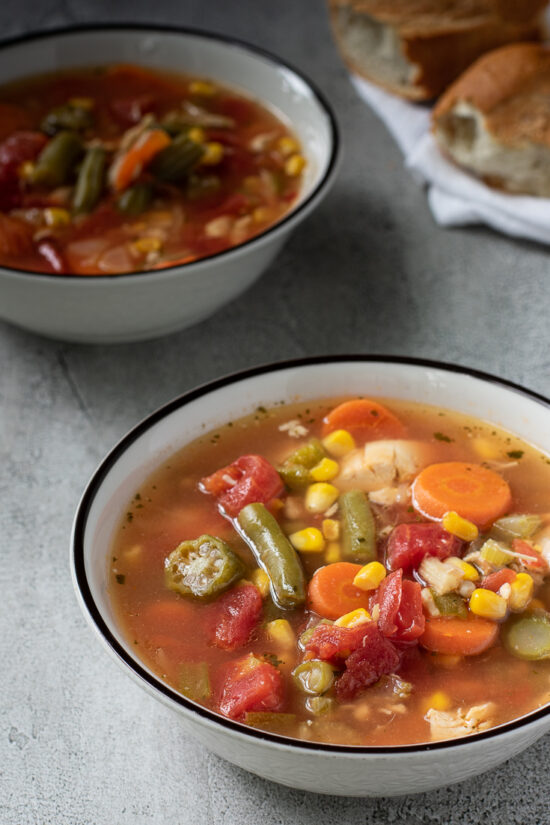 bowl of chicken vegetable soup with another behind