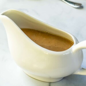 brown gravy in boat.