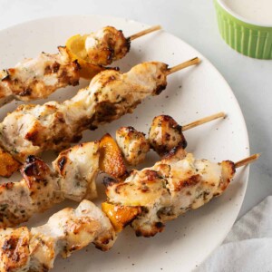 Greek style chicken skewers.