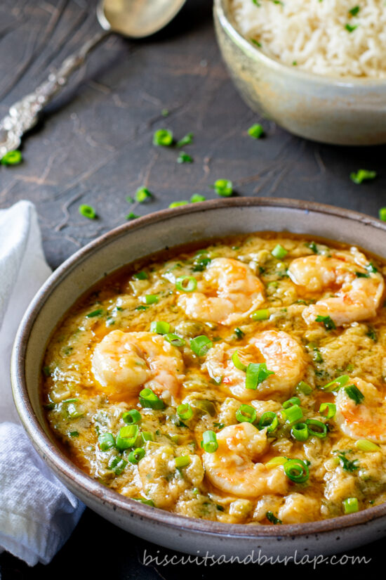 shrimp etouffee with rice in bowl