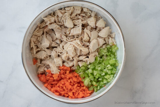 bowl with chicken, carrots & celery