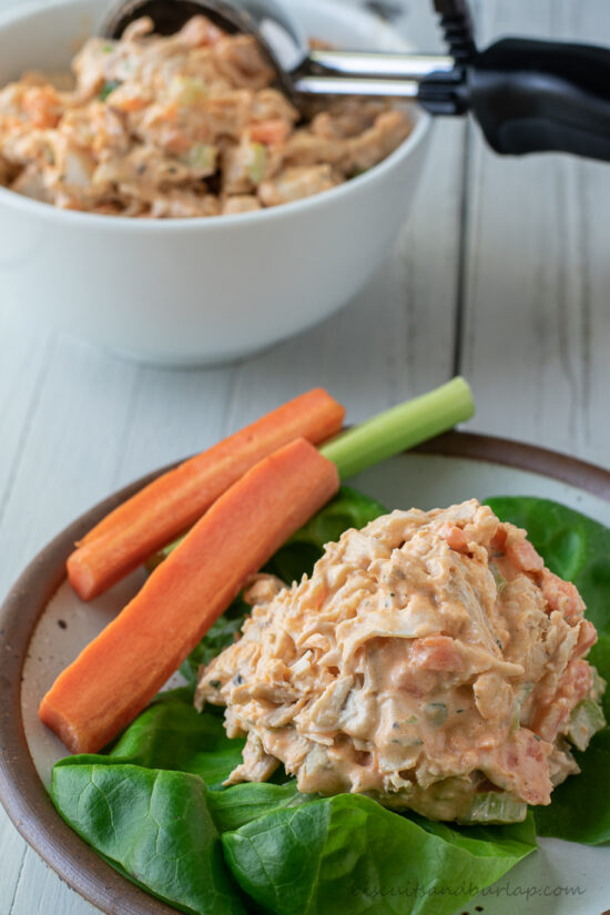 scoop of rotisserie chicken salad on lettuce