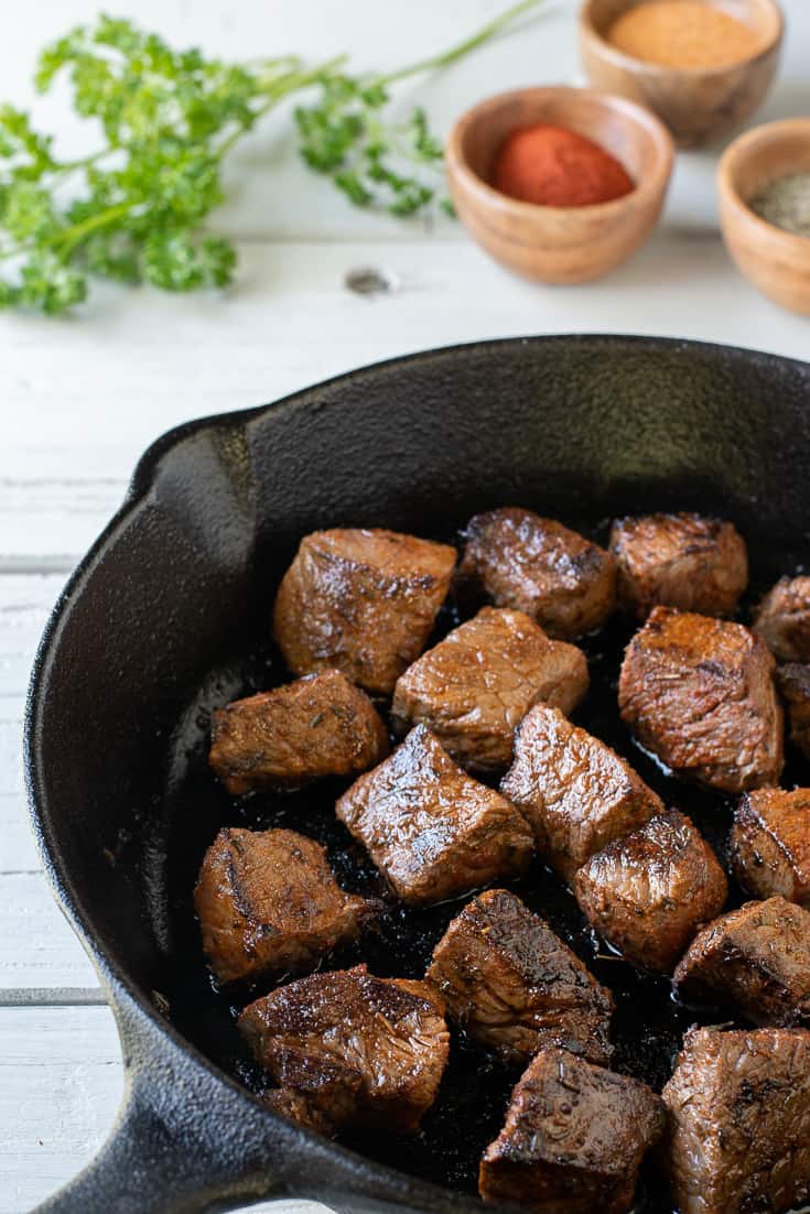 Cajun Steak Bites in iron skillet